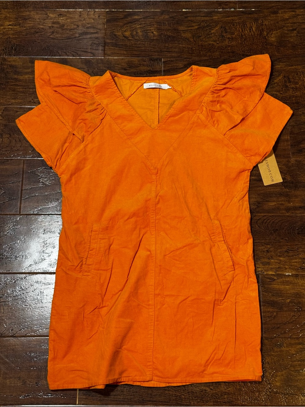 NWT Billy T Cord Ruffle Dress Orange V Neck Mini Short Sleeves Size Small